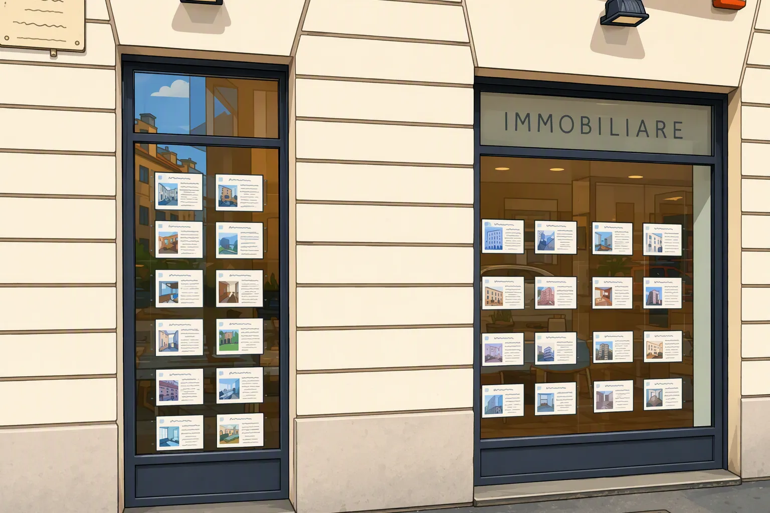 Vetrina di un'agenzia immobiliare con i cartelli appesi